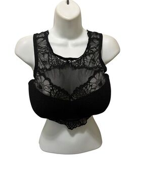 Pink Victoria’s Secret Black Lacey Bralette Sz L-DD Underwire Padded Logo Bar